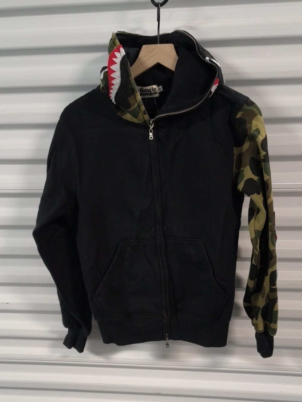 A Bathing Ape BAPE 1st Camo Green × Black Shark Full zip Hoodie Size S